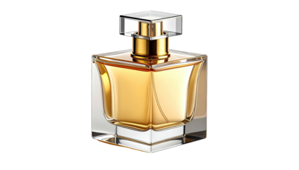 Elegant perfume bottle, golden liquid, clear square cap
