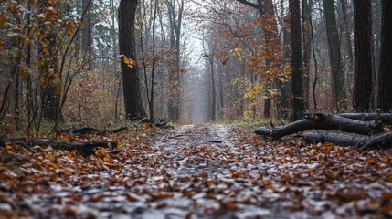 A forest path covered with leaves and broken branches after a powerful storm left natural debris behind