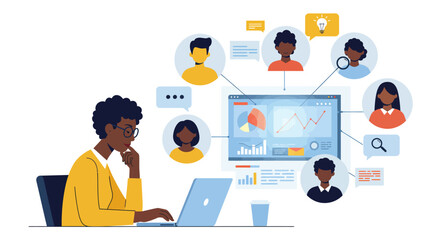 Black Woman Working on Laptop with Team Communication.