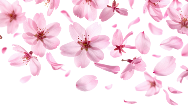 Delicate pink flowers and petals fall on a black background - Powered by Adobe