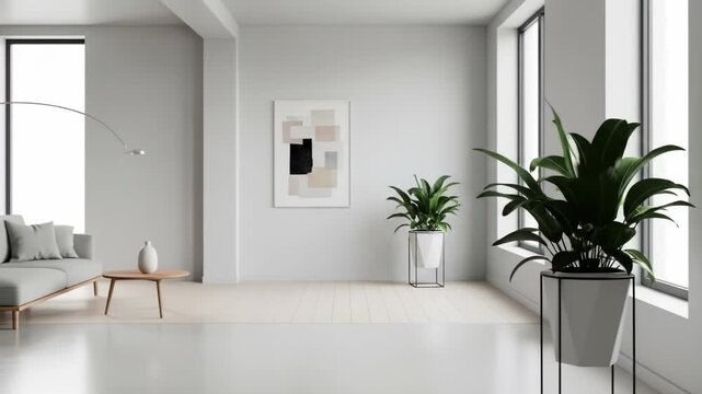 Bright minimalist living room with gray sofa, wood table, art, plants, windows