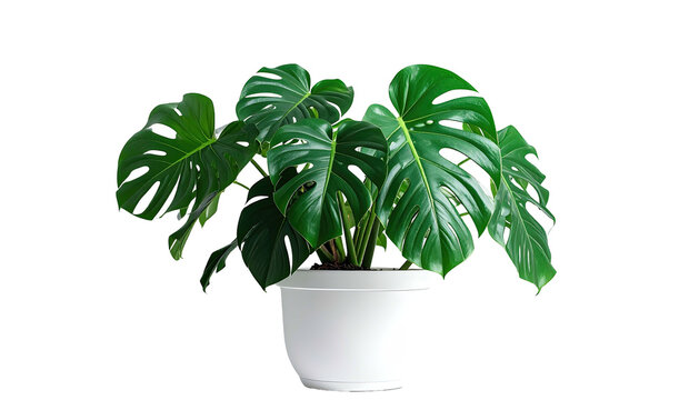 Large monstera deliciosa plant in white pot with black background