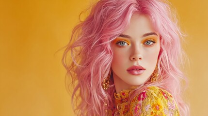 Fototapeta premium Woman with vibrant pink hair and orange eyeshadow