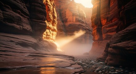 Stunning sunlit canyon scene with sculpted sandstone walls and a hazy atmosphere