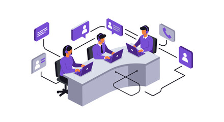 Customer Service Representatives Working with Laptops and Headsets.