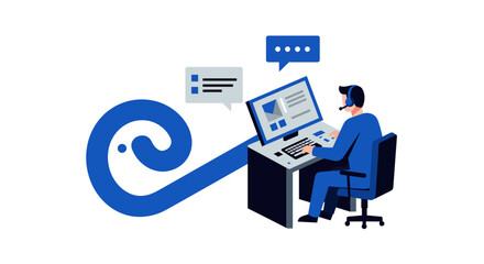 Customer Service Representative Working at Computer Desk.