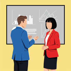 Two business professionals discuss plan during meeting.