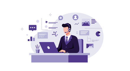 Customer Service Representative Working with Laptop and Headset.