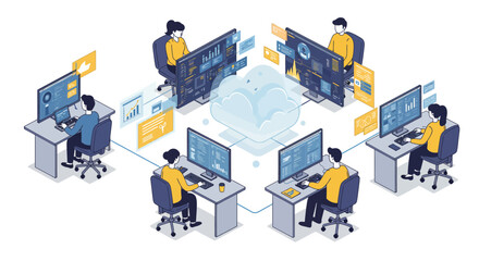 Team Working on Computers Connected to Cloud Data.