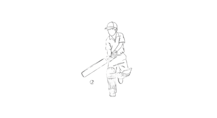 A line drawing of a cricket player batting with protective gear on