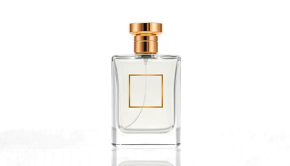 transparent luxury perfume bottle with gold cap, clear liquid, cinematic reflection, minimal clean aesthetic, isolated transparent background, high gloss.
