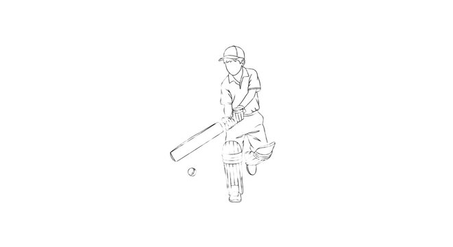 A line drawing of a cricket player batting with protective gear on