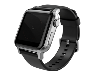 A premium smartwatch shown at a three-quarter side angle, featuring a black strap and polished metallic casing, realistic lighting on glass display, soft shadow and floating template for designers 