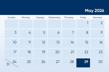 29 May 2026 calendar day design. It shows 2026 May 29 date calendar page