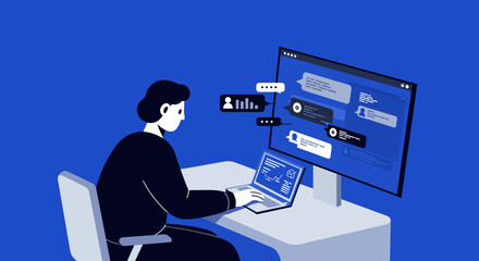 Person Working on Laptop with Chat Bubbles and Monitor.