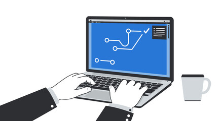 Businessman Working on Laptop with Diagram and Coffee.