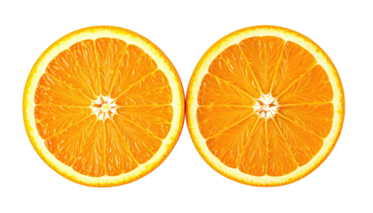 Twin orange halves, cross-section, on stark black background