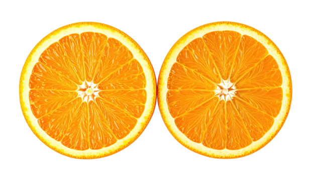 Twin orange halves, cross-section, on stark black background