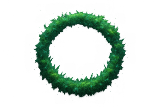 Lush green grass wreath creating a round natural frame with fresh leaves, isolated on transparent background