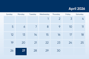27 April 2026 calendar day design. It shows 2026 April 27 date calendar page