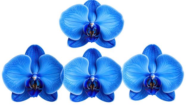Four bright blue Phalaenopsis orchids, symmetric pattern, dark background