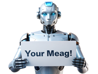 Futuristic humanoid robot holding a blank white sign for your message isolated on white background, PNG. AI Generated