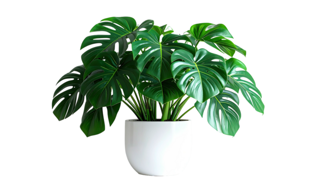 Glossy, green monstera deliciosa in a modern white pot