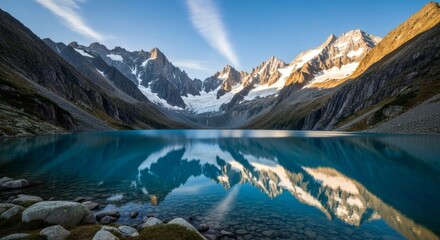 Scenic vista of a tranquil alpine lake mirroring snow-capped peaks under a radiant sky