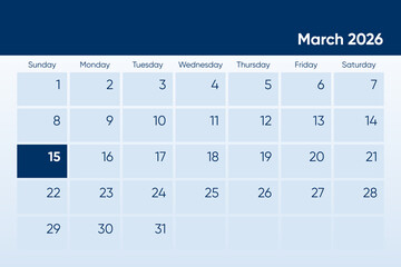 15 March 2026 calendar day design. It shows 2026 March 15 date calendar page