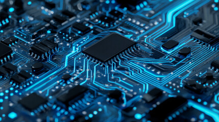 Obraz premium A close up view of a circuit board with blue glowing lines and a central black chip component