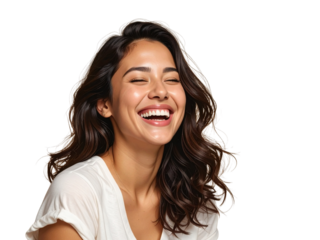  A joyful young Uruguayan woman laughing with her head slightly tilted back, eyes closed, wearing casual modern clothing, warm lighting highlighting facial expression, isolated on a clean portrait 