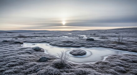 Sunrise over frozen terrain with a winding stream and frosted vegetation