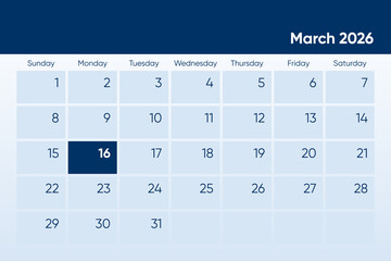 16 March 2026 calendar day design. It shows 2026 March 16 date calendar page