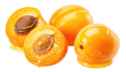 Apricots in syrup, one cut open revealing pit. Glossy, sweet