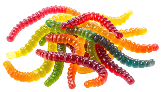 Piled colorful gummy worms in heap, transparent