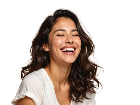 A joyful young Uruguayan woman laughing with her head slightly tilted back, eyes closed, wearing casual modern clothing, warm lighting highlighting facial expression, isolated on a clean portrait 