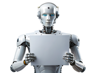 Futuristic humanoid robot holding a blank white sign for your message isolated on white background, PNG. AI Generated
