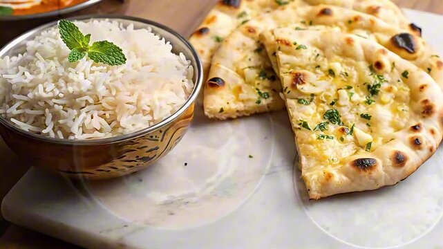 A bowl of fluffy white rice with mint and golden garlic naan bread on a marble surface, showcasing a delicious Indian meal.