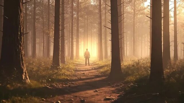A lone figure stands on a sun-drenched path in a misty, ethereal forest, surrounded by towering trees and golden light.