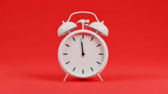 White alarm clock with hammer hitting it, centered on a red background