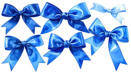 Vivid watercolor illustration of six varied glossy blue bows