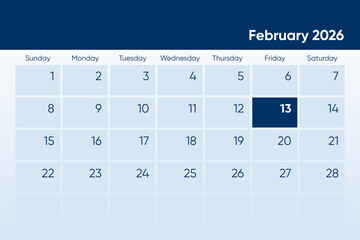 13 February 2026 calendar day design. It shows 2026 February 13 date calendar page