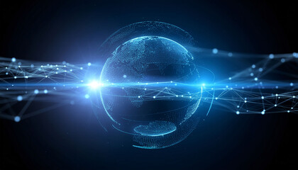 Dynamic global network connects digital world with bright blue light and abstract data streams, representing innovation and connectivity
