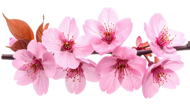 Pink blossoms branch against black background. Isolated image