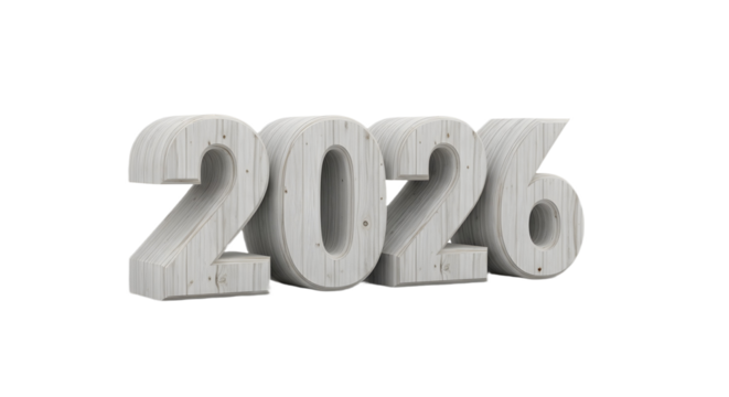 Isolated view of large wooden numbers spelling out the year 2026, happy new year on white background