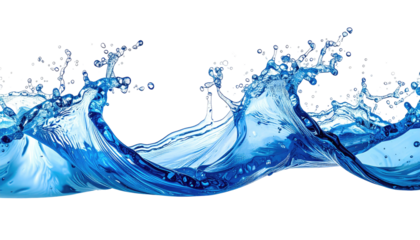 Water splashing, bright blue liquid motion on solid black background