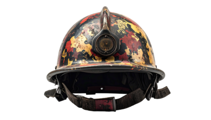 Mottled fireman's helmet with central light; low angle view