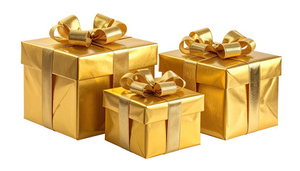 Three gifts are wrapped in shiny gold paper and ribbon