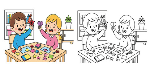 Happy Kids Enjoying Paper Craft Activities Together: Boy and Girl Creating Shapes and Sharing Joyful Learning Moments