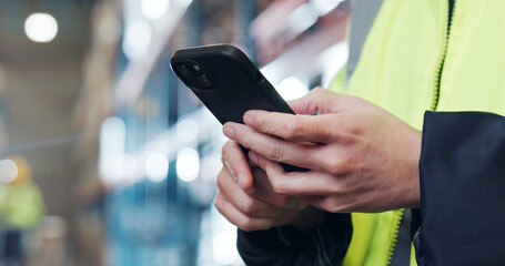 Supply chain, phone and hands of worker in warehouse for typing message, online checklist and...